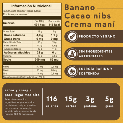 Júbilo - banano, cacao nibs, crema maní (28 g)